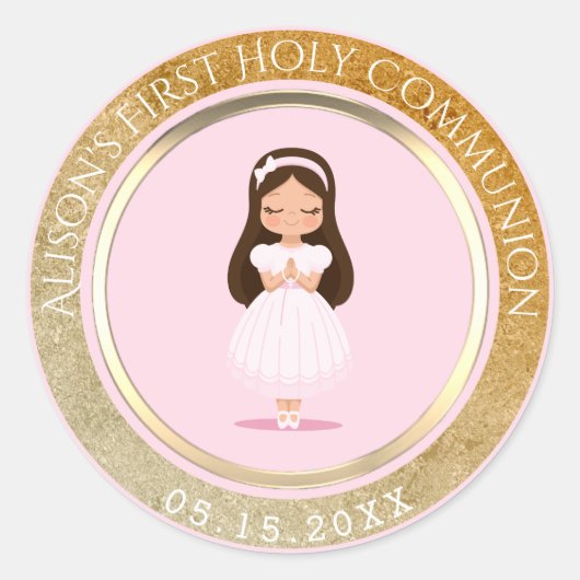 Meisje eerste heilige communie roze goud ronde sticker (Voorkant)