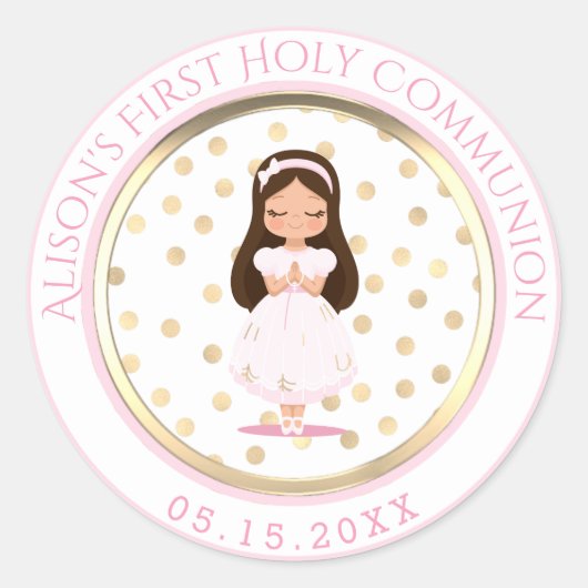 Meisje eerste heilige communie roze goud ronde sticker (Voorkant)