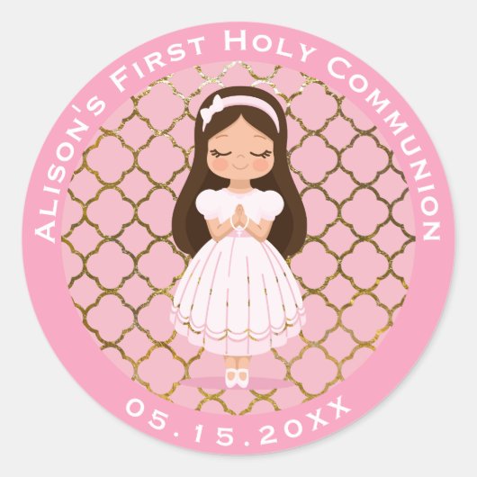 Meisje eerste heilige communie roze goud ronde sticker (Voorkant)