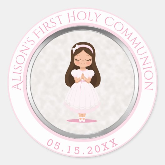 Meisje Eerste Heilige Communie Roze Zilver Ronde Sticker (Voorkant)