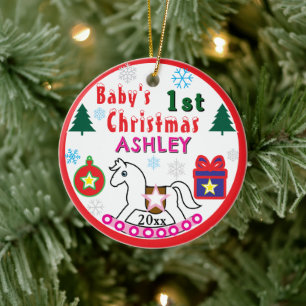 Meisje eerste kerst FOTO Witte Paard Keramisch Ornament