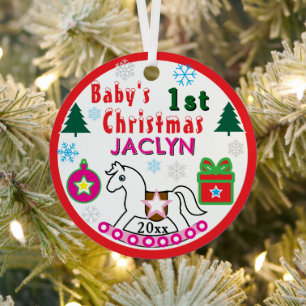 Meisje eerste kerst vrede witte schommelpaard metalen ornament