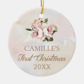 Meisje Eerste Kerstmis Roze Bloemen Foto Keramisch Ornament (Voorkant)