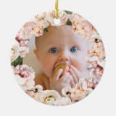 Meisje Eerste Kerstmis Roze Bloemen Foto Keramisch Ornament (Achterkant)