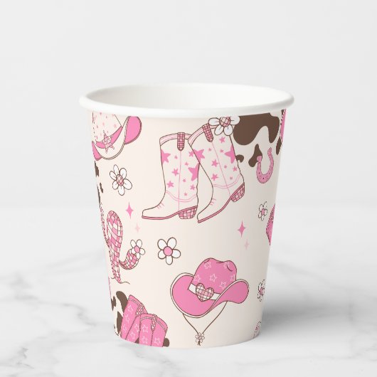 Meisje Eerste Rodeo Cowgirl roze bruin verjaardags Papieren Bekers (Voorkant)
