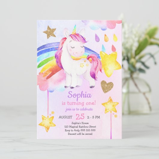 Meisje Eerste Verjaardag Eenhoorn Regenboog Waterv Kaart (Staand voorkant)