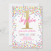 Meisje Eerste Verjaardag Kleurrijk Confetti Gouden Kaart (Voorkant)