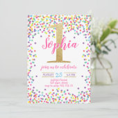 Meisje Eerste Verjaardag Kleurrijk Confetti Gouden Kaart (Staand voorkant)