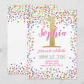 Meisje Eerste Verjaardag Kleurrijk Confetti Gouden Kaart (Voorkant / Achterkant)