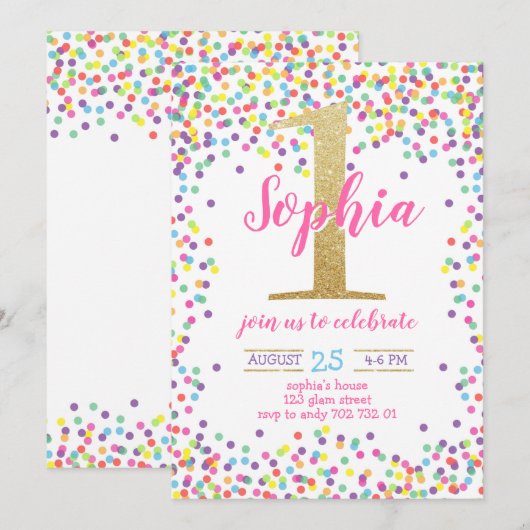 Meisje Eerste Verjaardag Kleurrijk Confetti Gouden Kaart (Voorkant / Achterkant)