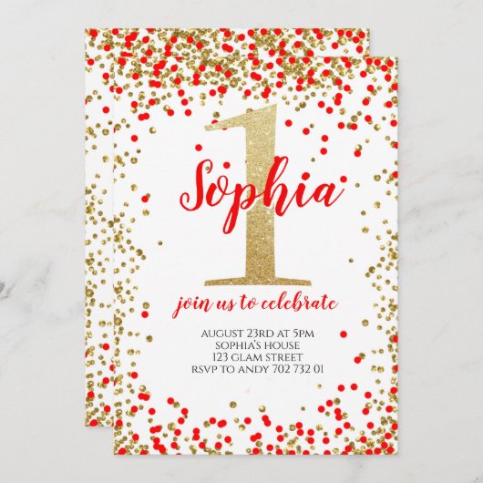 Meisje Eerste Verjaardag Rood Goud Nummer Confetti Kaart (Voorkant / Achterkant)