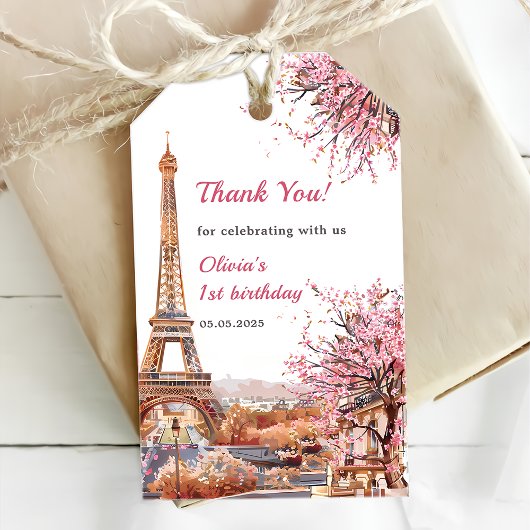 Meisje Eiffeltoren Parijs 1e verjaardag Cadeaulabel