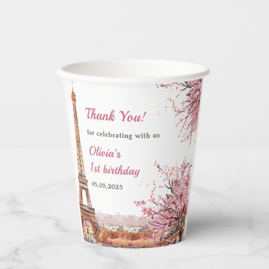 Meisje Eiffeltoren Parijs 1e verjaardag Papieren Bekers (Voorkant)