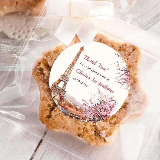 Meisje Eiffeltoren Parijs 1e verjaardag Ronde Sticker