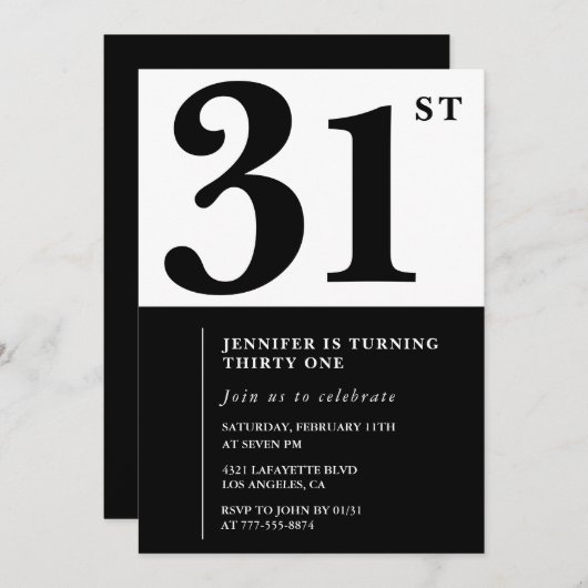 Meisje Elegant 31e verjaardag uitnodiging Zwart Wi (Voorkant / Achterkant)