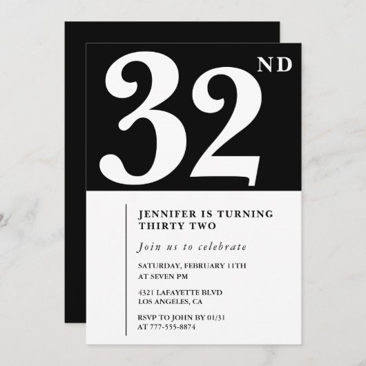 Meisje Elegant 32e verjaardag uitnodiging Chic Sim (Voorkant / Achterkant)