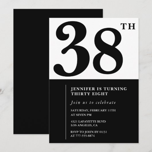Meisje Elegant 38e verjaardag uitnodiging Zwart Wi (Voorkant / Achterkant)