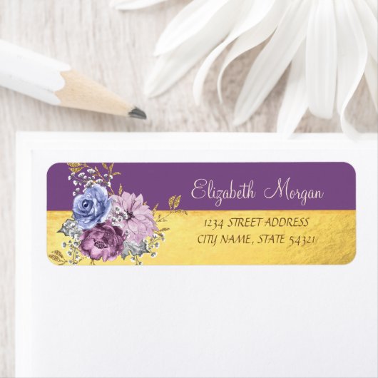 Meisje Elegant, goud, paarse bloemen Etiket (Insitu)