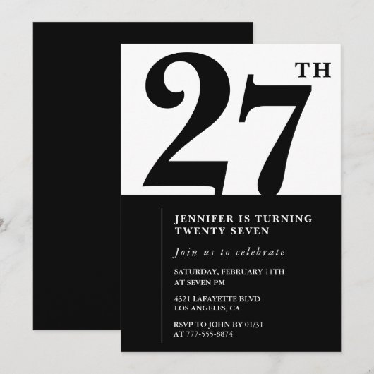 Meisje Elegante 27e verjaardag uitnodiging Zwart W (Voorkant / Achterkant)