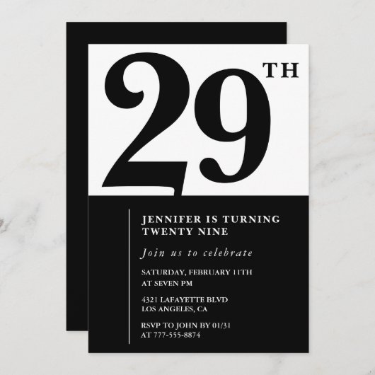 Meisje Elegante 29e verjaardag uitnodiging Black W (Voorkant / Achterkant)