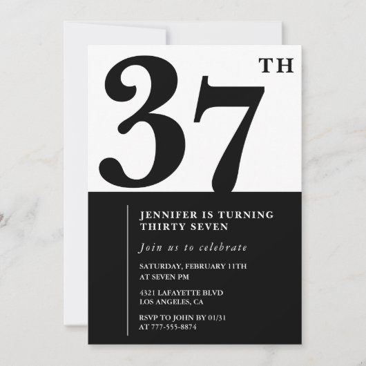 Meisje Elegante 37e verjaardag uitnodiging Zwart W (Voorkant)