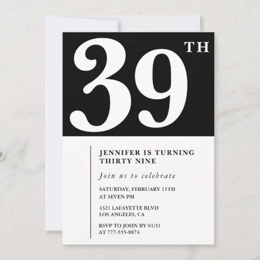 Meisje Elegante 39e verjaardag uitnodiging Chic Si (Voorkant)