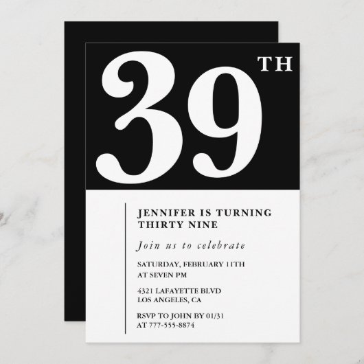 Meisje Elegante 39e verjaardag uitnodiging Chic Si (Voorkant / Achterkant)