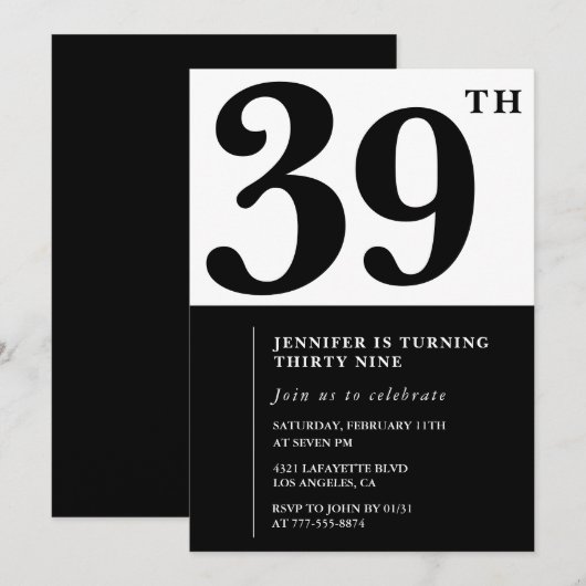 Meisje Elegante 39e verjaardag uitnodiging Zwart W (Voorkant / Achterkant)