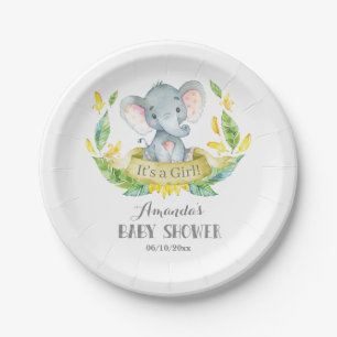Meisje Elephant Baby shower Geel en grijs Papieren Bordje