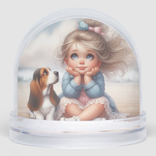 Meisje en Basset Hound Puppy Sneeuwbol (Voorkant)