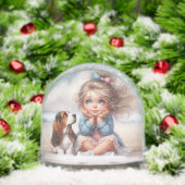 Meisje en Basset Hound Puppy Sneeuwbol (Kerstmis)