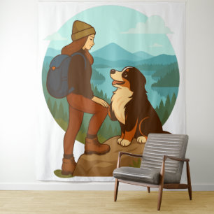 Meisje en berghond avontuur illustratie wandkleed