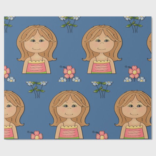 Meisje en bloemen cadeaupapier (Vlak)