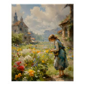 Meisje en bloemen in een landelijk landschap | perfect poster (Voorkant)