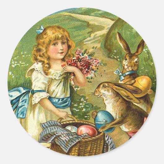 Meisje en Bunnies  Paslandschap Ronde Sticker (Voorkant)