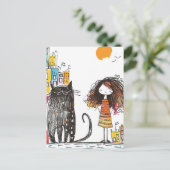 Meisje en de reuzenzwarte kat in de stad briefkaart (Staand voorkant)
