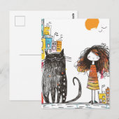 Meisje en de reuzenzwarte kat in de stad briefkaart (Voorkant / Achterkant)