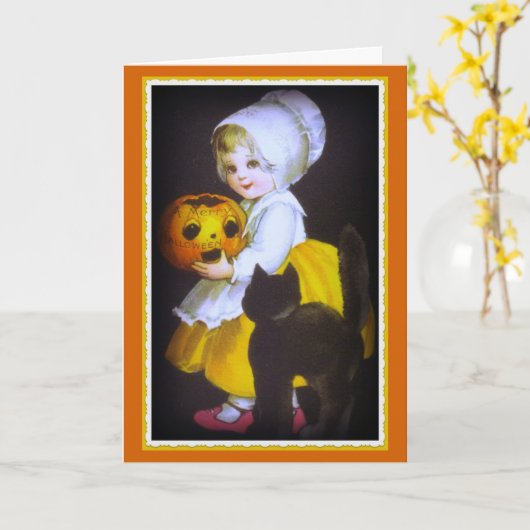 Meisje en de Zwarte Kaart van Halloween van de Kat (Gele Bloem)