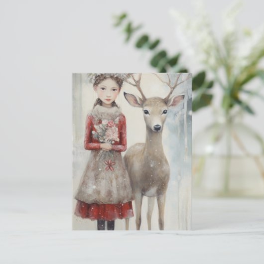 Meisje en een hert Mixed Media Briefkaart (Staand voorkant)