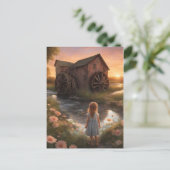 Meisje en een molen bij zonsondergang briefkaart (Staand voorkant)
