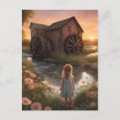 Meisje en een molen bij zonsondergang briefkaart (Voorkant)