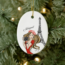Meisje en Eiffeltoren, zwart, rode kerst Keramisch Ornament