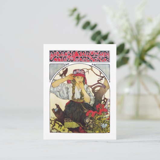 Meisje en Geranium, Mucha Briefkaart (Staand voorkant)