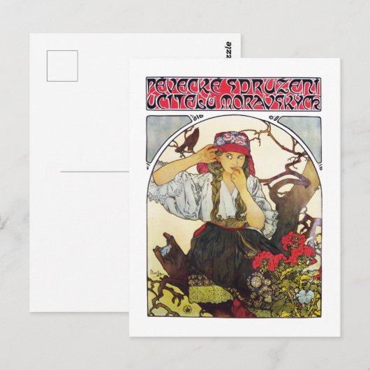 Meisje en Geranium, Mucha Briefkaart (Voorkant / Achterkant)