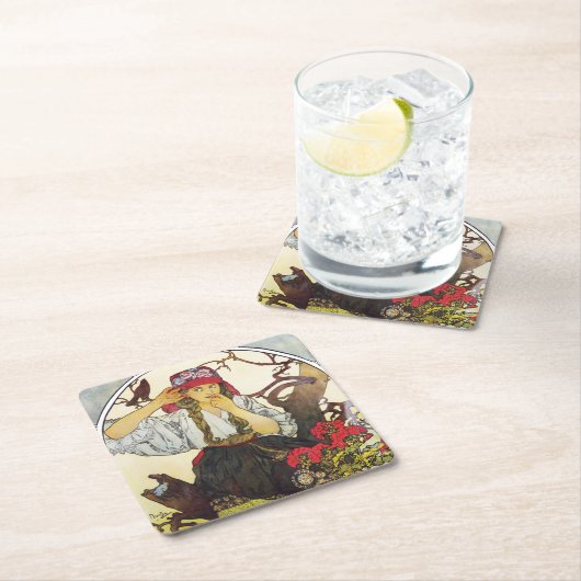 Meisje en Geranium, Mucha Kartonnen Onderzetters (Insitu)