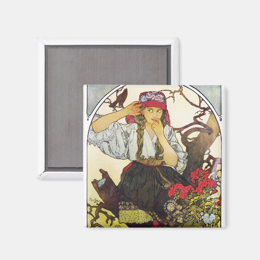 Meisje en Geranium, Mucha Magneet (Voorkant / Achterkant)