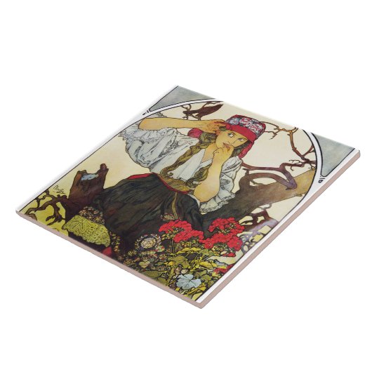 Meisje en Geranium, Mucha Tegeltje (Zijkant)