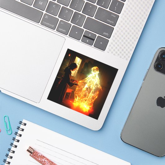 Meisje en Ghost Sticker (Laptop met iPhone)