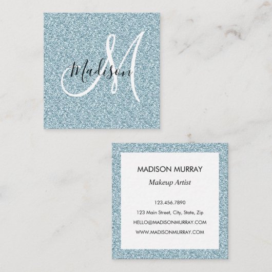 Meisje en Glam Blue Silver Glitter Sparkle Monogra Vierkante Visitekaartje (Voorkant / Achterkant)