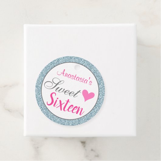 Meisje en Glam Roze Licht Blauw Glitter Sweet Sixt Bedankjes Labels (In situ)